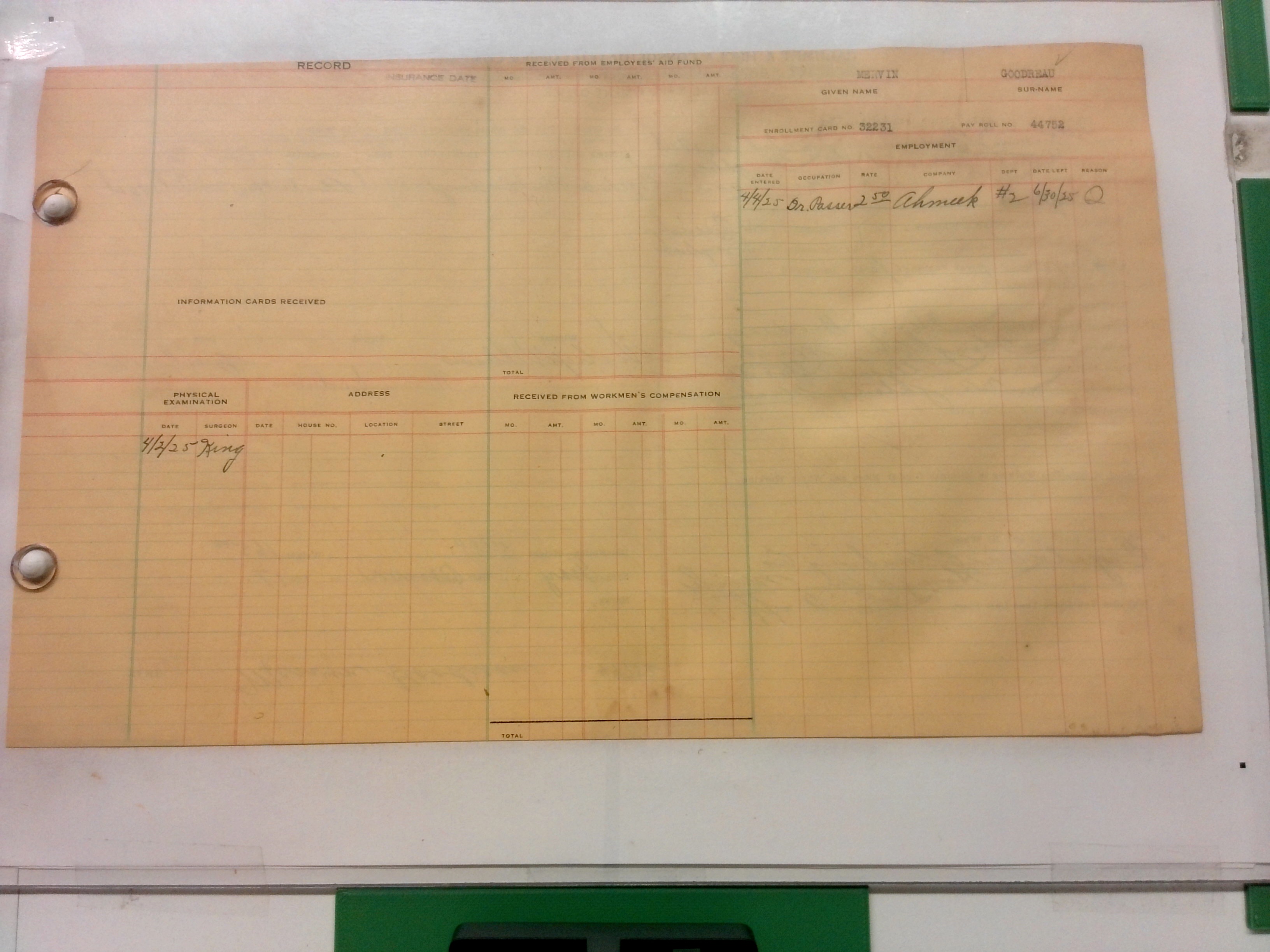 Digitized back of the employment card for Mervin Goodreau