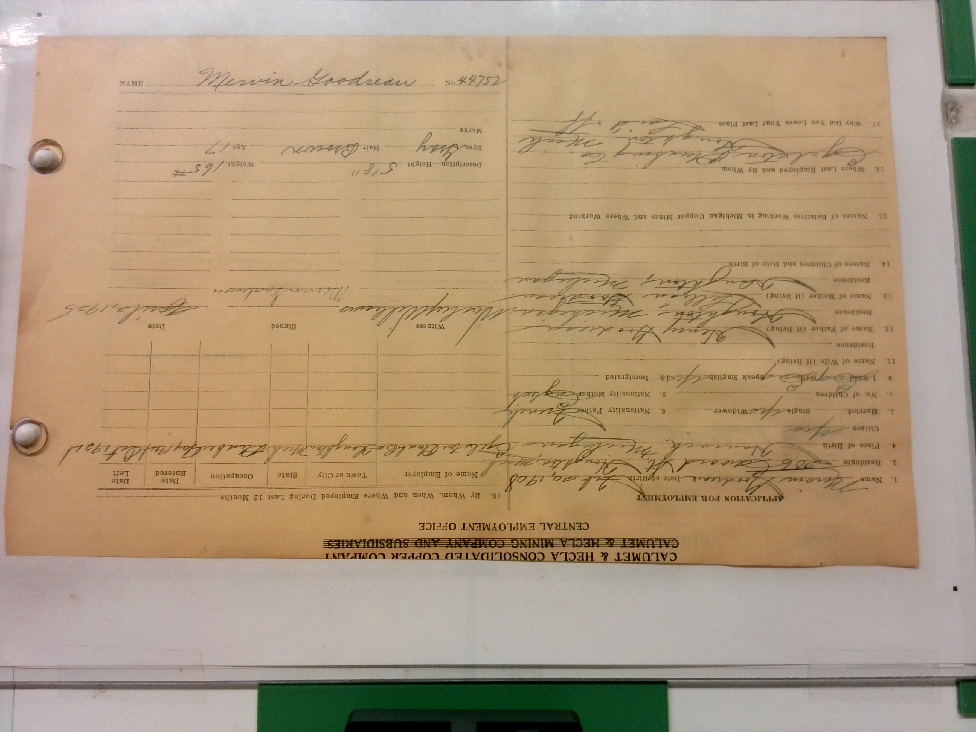 Digitized front of the employment card for Mervin Goodreau