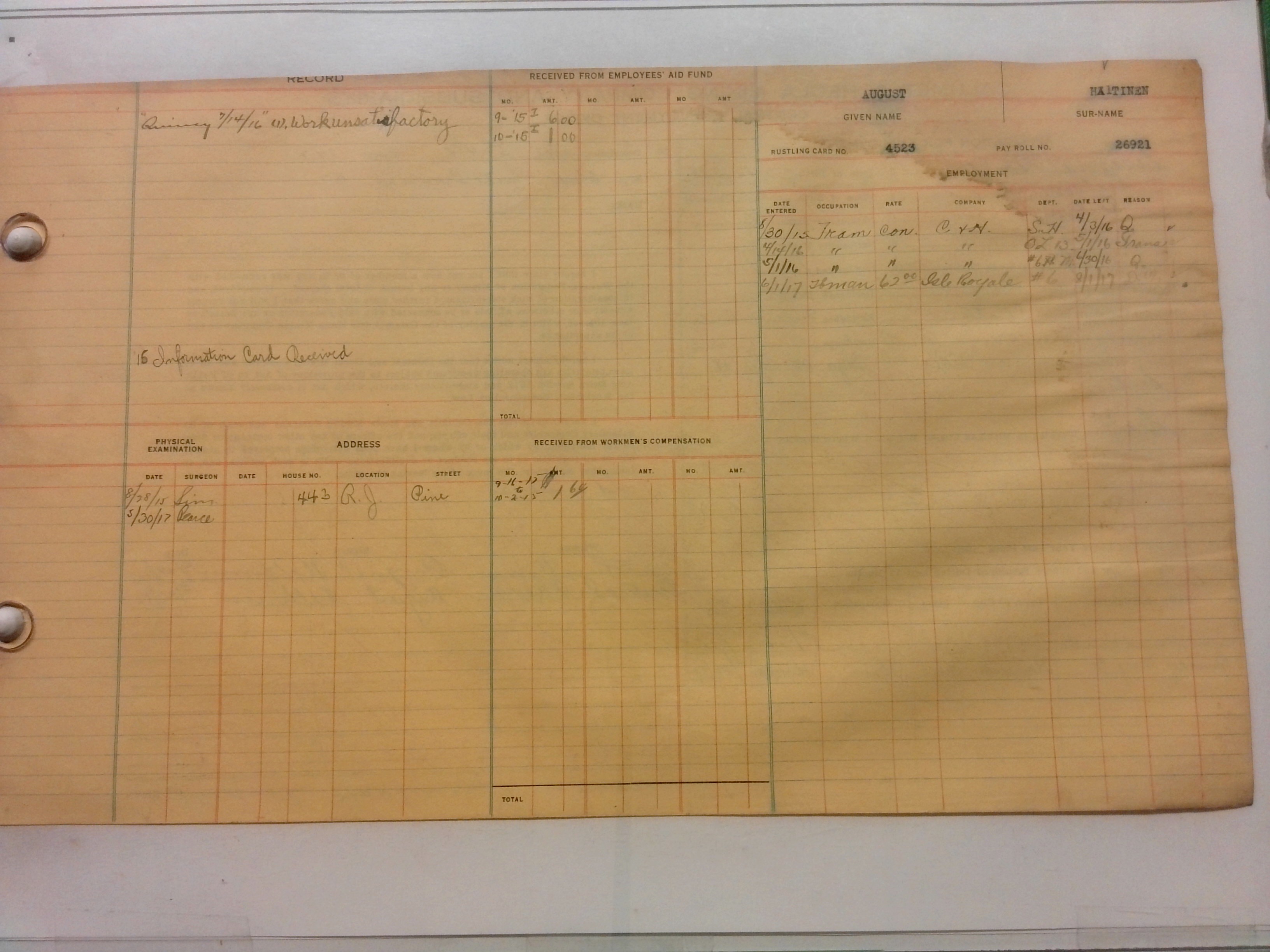 Digitized back of the employment card for August Haltinen
