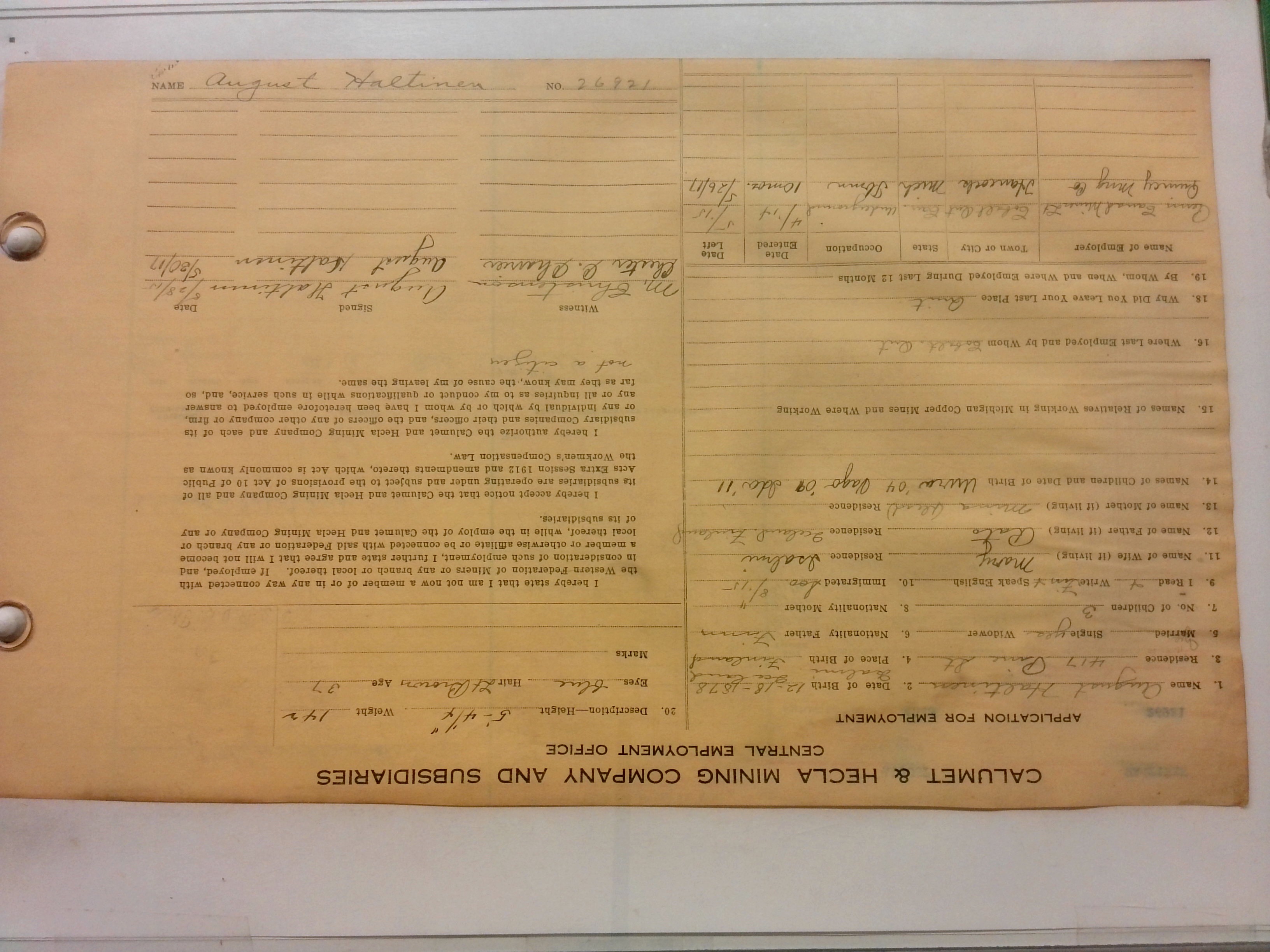 Digitized front of the employment card for August Haltinen