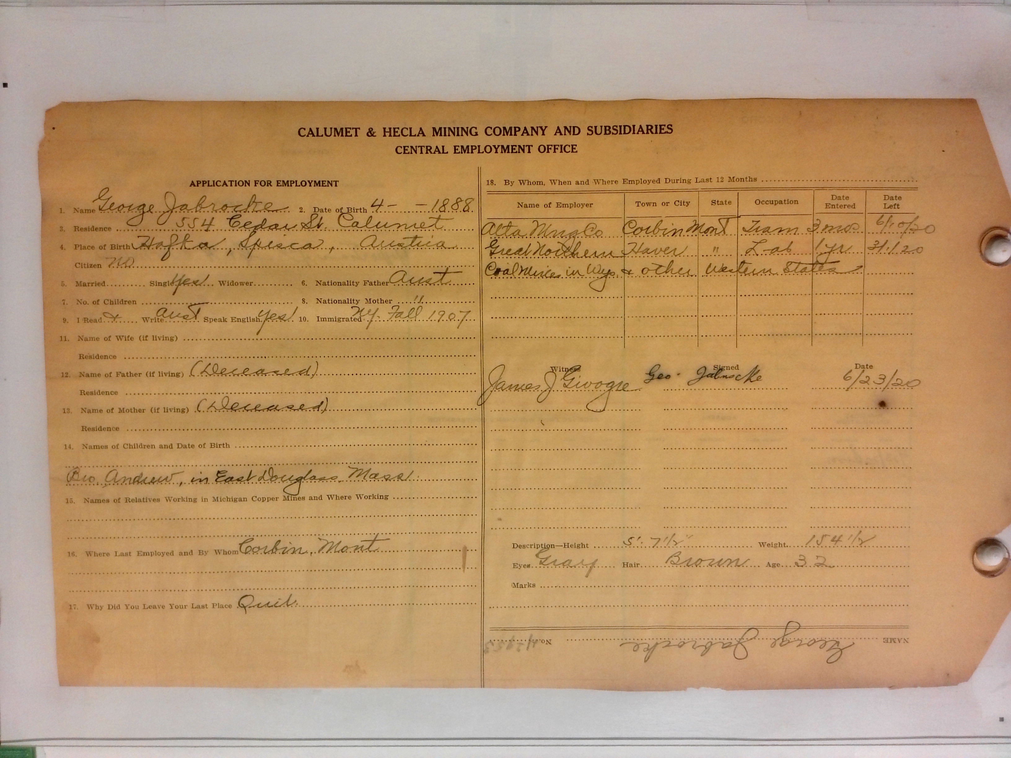 Digitized front of the employment card for George Jobrocke
