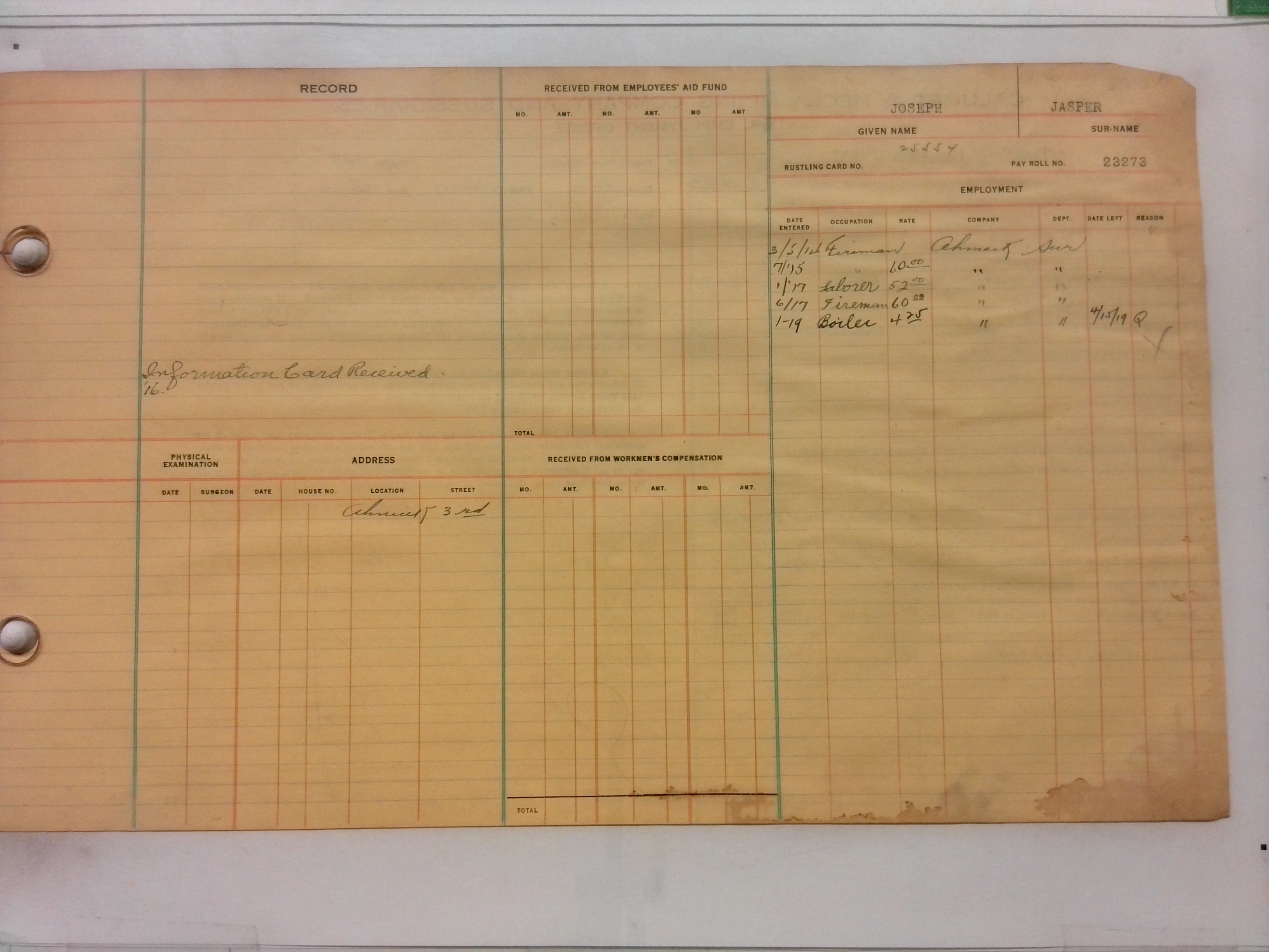 Digitized back of the employment card for Joseph Jasper