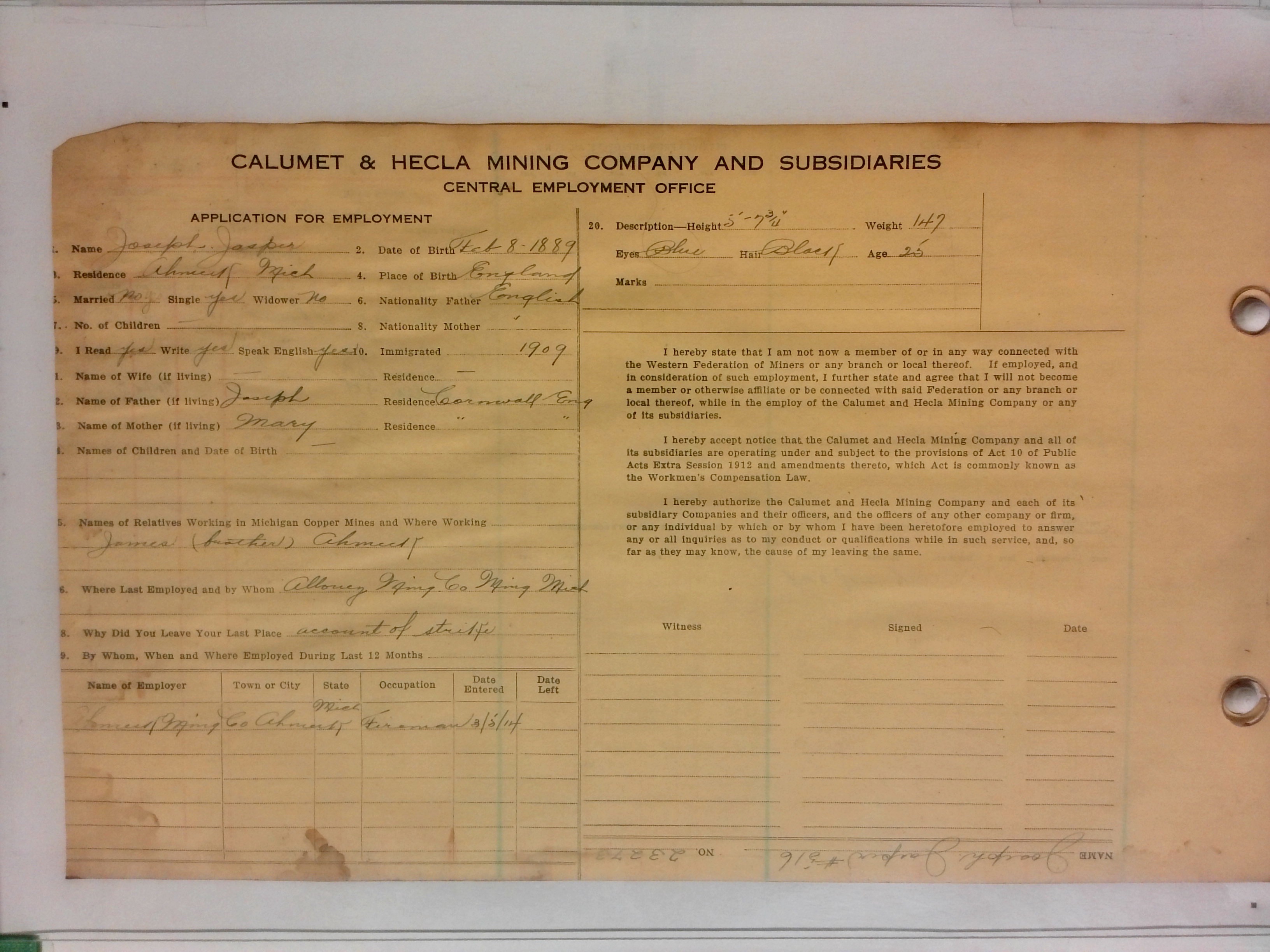 Digitized front of the employment card for Joseph Jasper