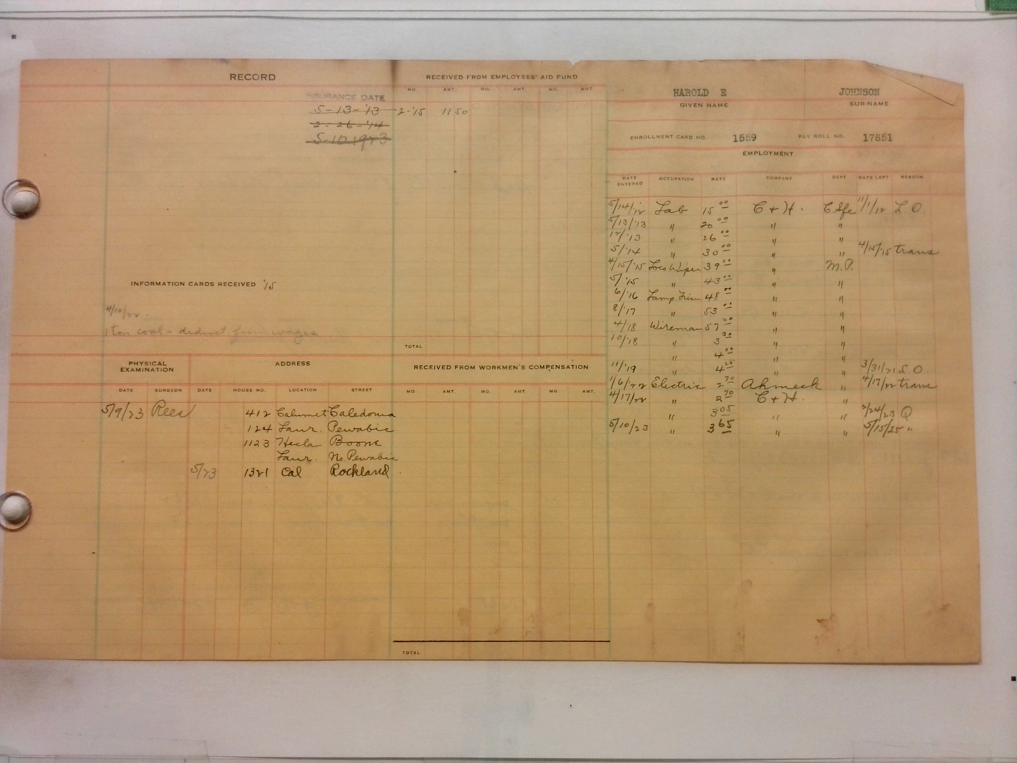 Digitized back of the employment card for Harold E. Johnson
