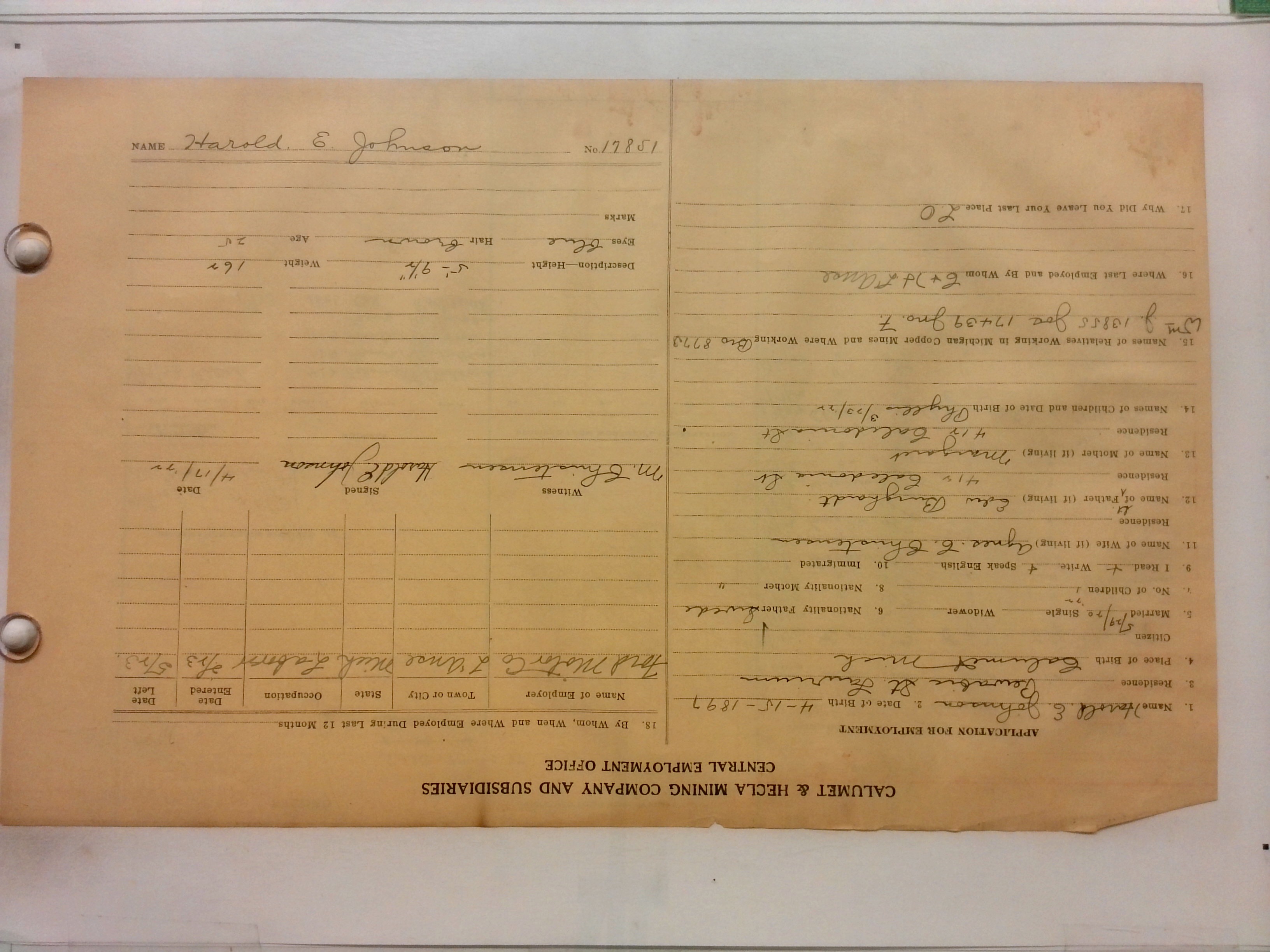 Digitized front of the employment card for Harold E. Johnson