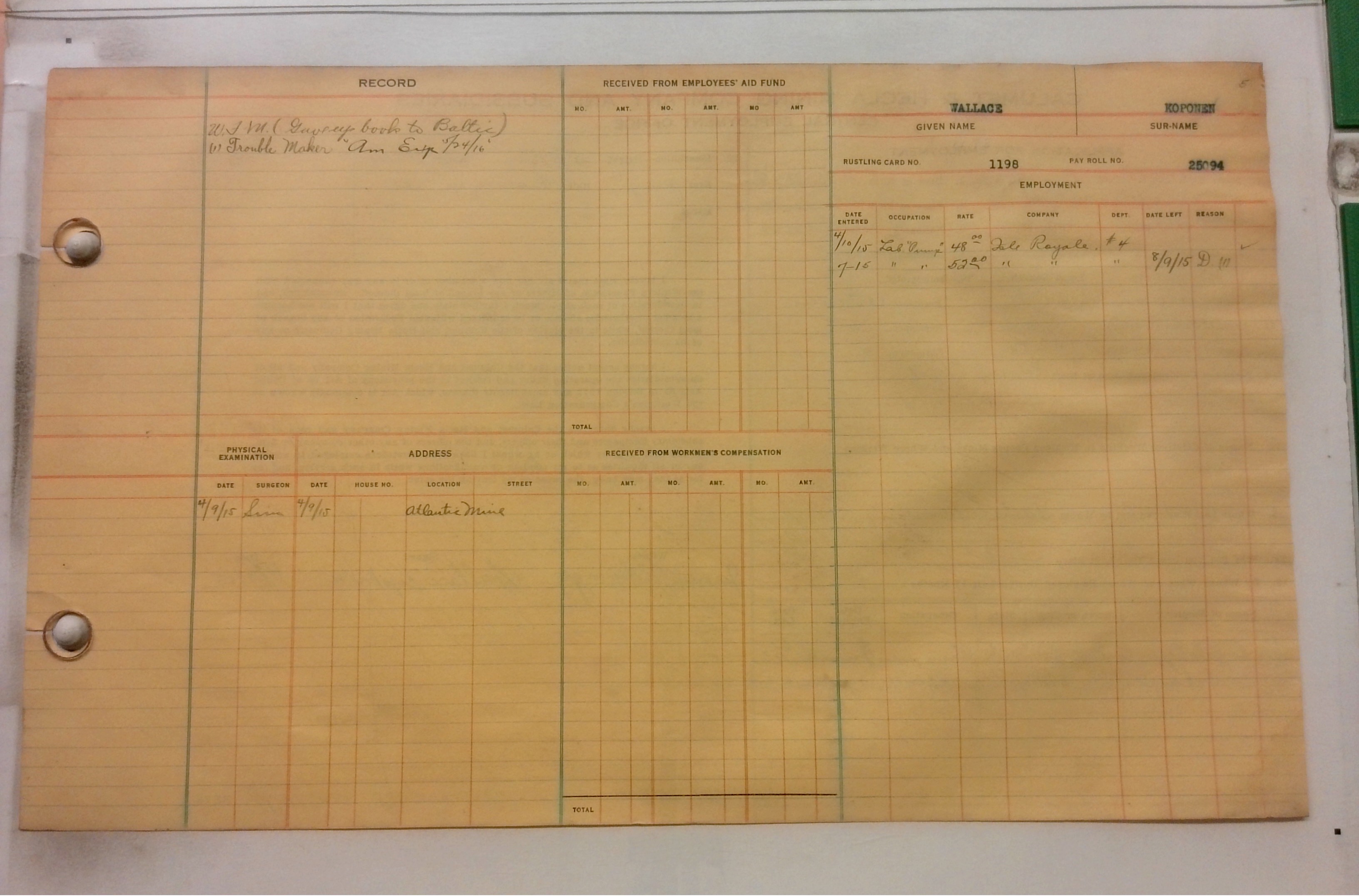 Digitized back of the employment card for Wallace Koponen