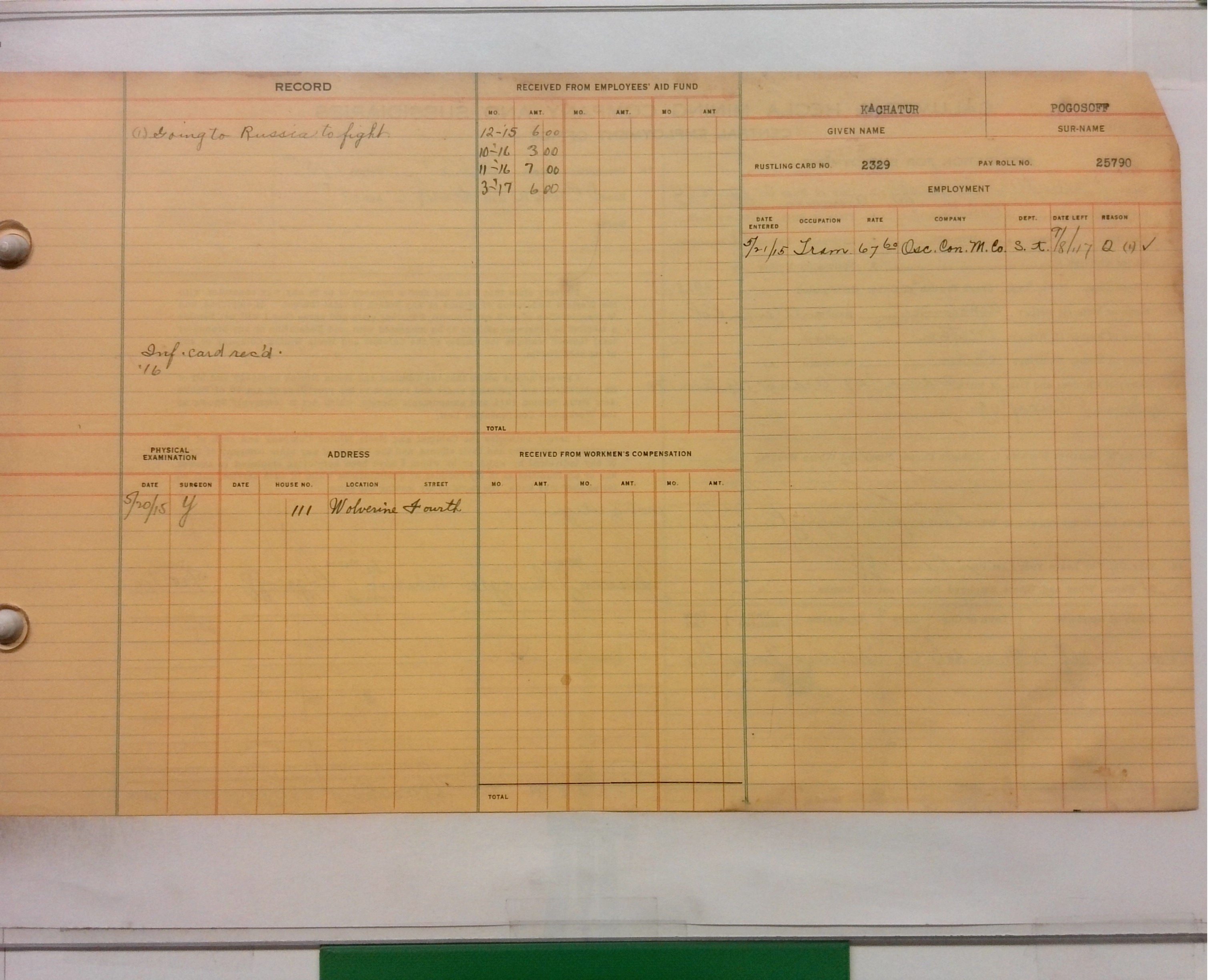 Digitized back of the employment card for Kachatur Pogosoff